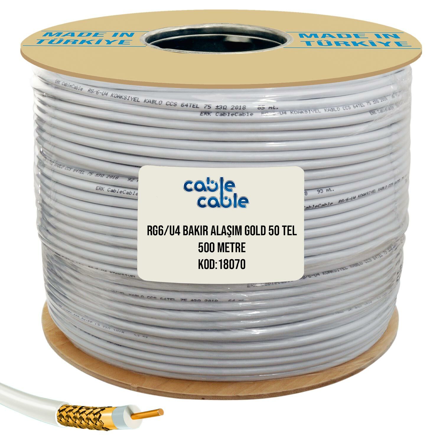 CABLECABLE Anten Kablosu Rg6 U4 1.02mm 80 Tel Gold Bakır Alaşım 500 Metre