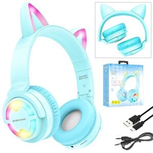KABLOSUZ KULAK ÜSTÜ KULAKLIK BLUETOOTH SD RGB LEDLİ MAVİ BOROFONE BO-15