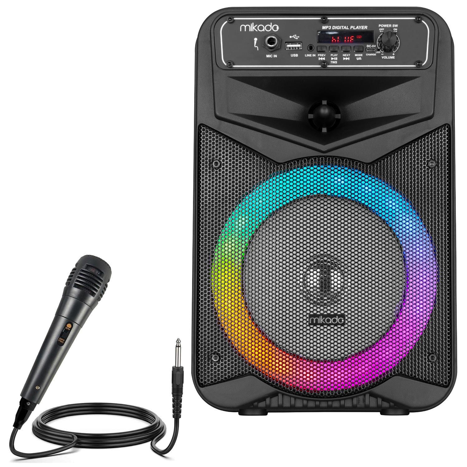 AKTİF SEYYAR ANFİ EL MİKROFONLU 20CM 15W BT/USB LEDLİ MİKADO MD-802KP