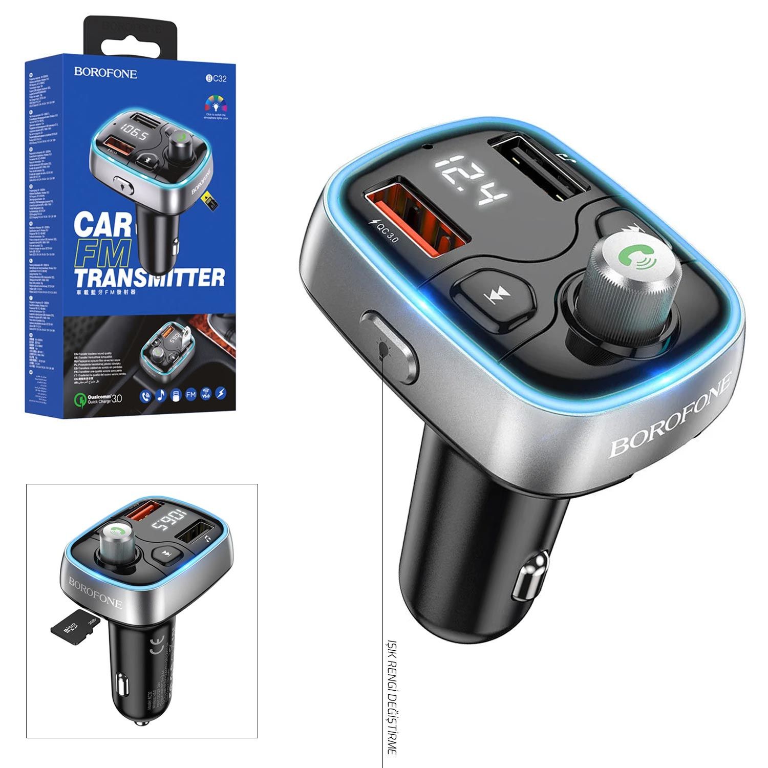 FM TRANSMITTER MODÜLATÖR BLUETOOTH 2XUSB SD QC3.0 MULTICOLOR BOROFONE BC-32