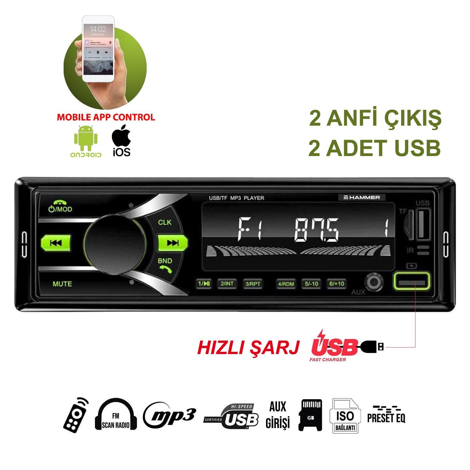 OTO TEYP 4X50W ŞARJLI 2XUSB BT/SD/FM/AUX MOBİL APLİKASYON HAMMER HT-202BT