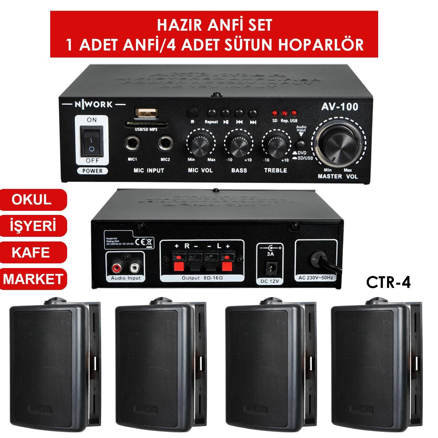 ANFİ 100W BT/USB SÜTUN HOPARLÖR CTR-4 (4ADET) 10CM 100W SİYAH AV-100SET