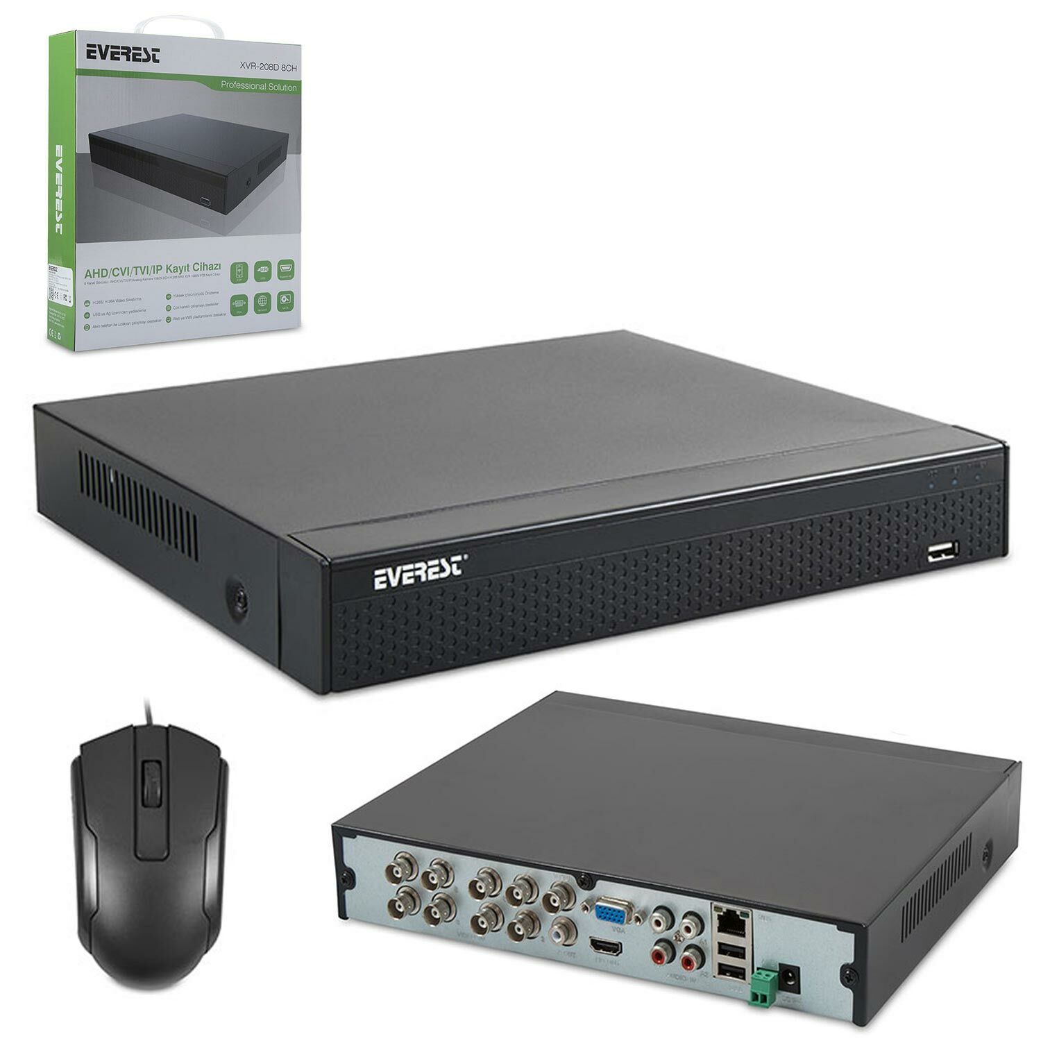 KAYIT CİHAZI NVR 8 KANAL AHD/NVR//IP/TVI HIBRIT 2MP 1080N EVEREST XVR-208D