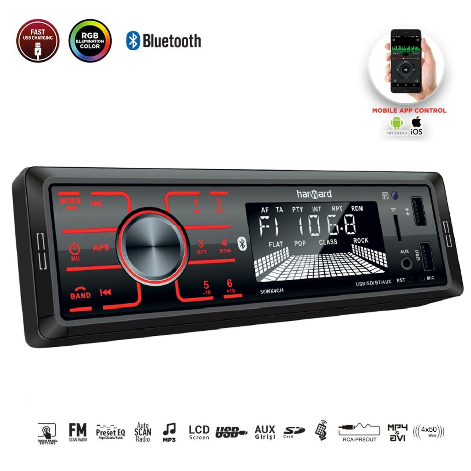 HARWARD HR-MX654 OTO TEYP 4X50 WATT BLUETOOTH MOBİL APLİKASYON