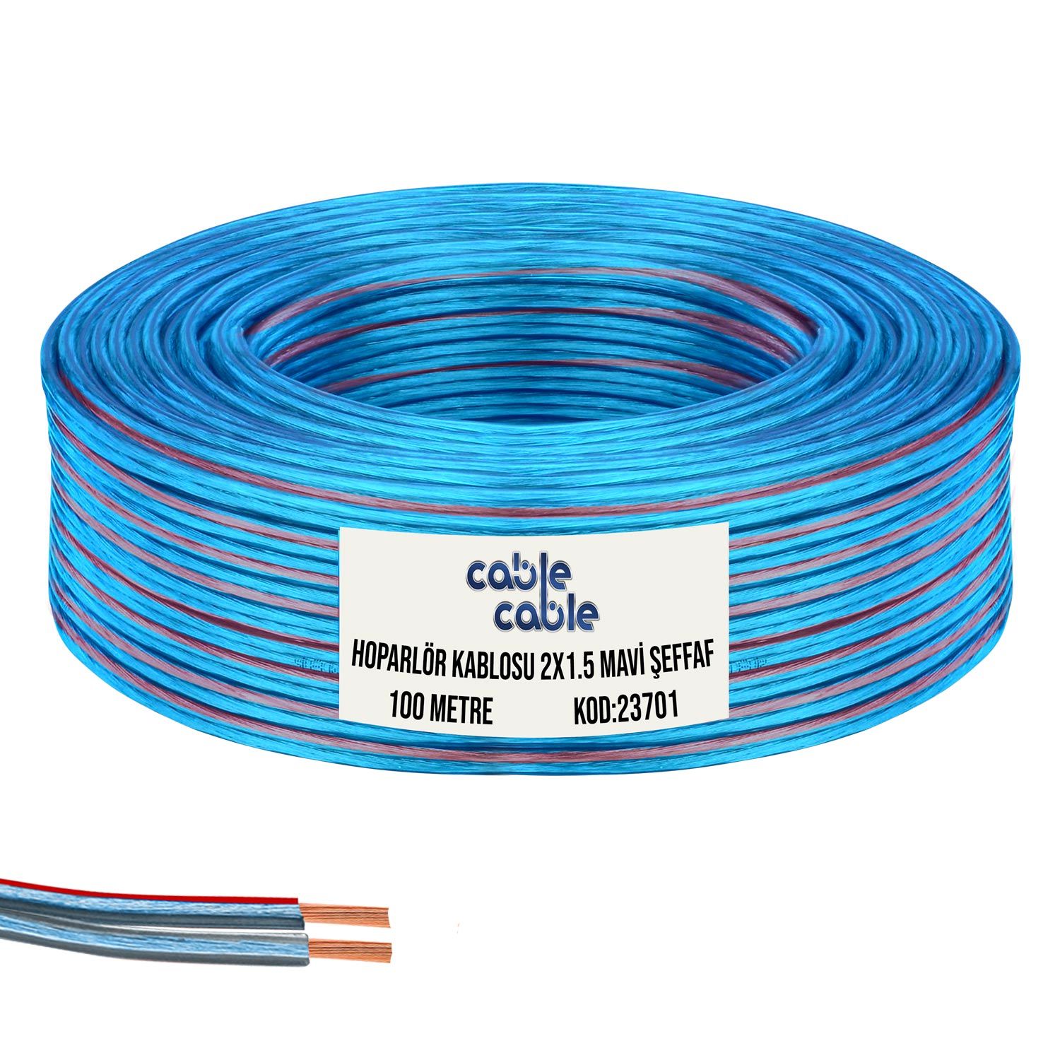 CABLECABLE Hoparlör Kablosu Kordon 2x1.5 Mavi Şeffaf 100 Metre