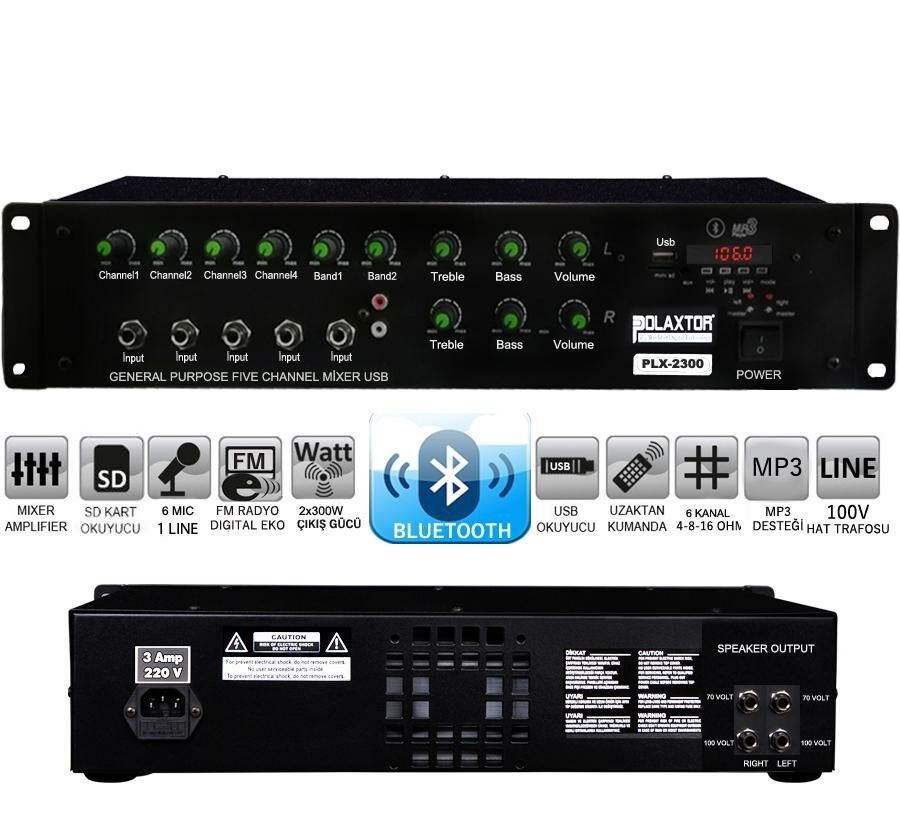 POWER MİXER ANFİ 6 KANAL 2X300W BÖLGELİ BT/USB/SD/UK/FM YERLİ POLAXTOR PLX-2300