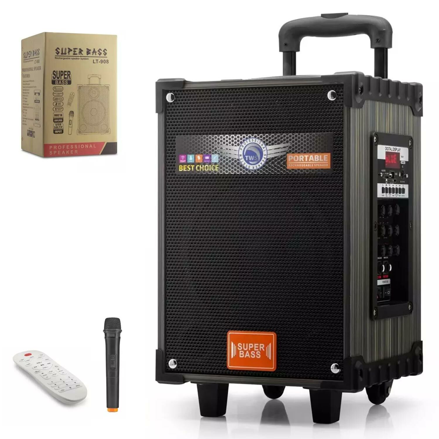 SUPER BASS LT-908 Aktif Seyyar Anfi Uhf El Mikrofonlu 20cm 50 Watt Bluetooth Usb