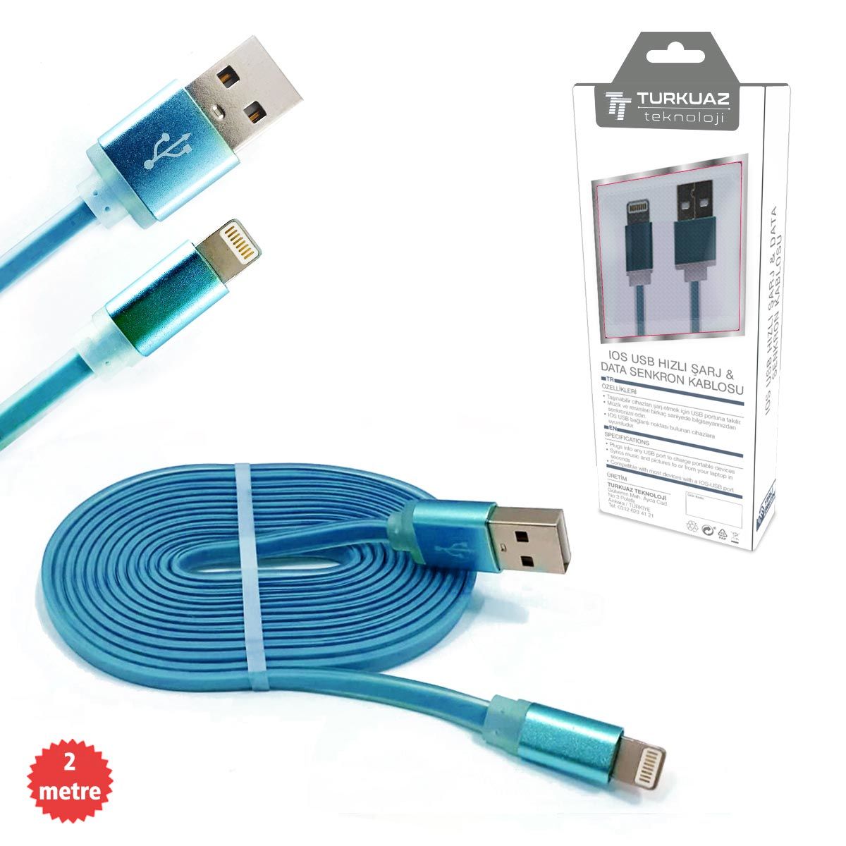 ŞARJ KABLO IPHONE APPLE 2.4A FLAT MAVİ 2MT