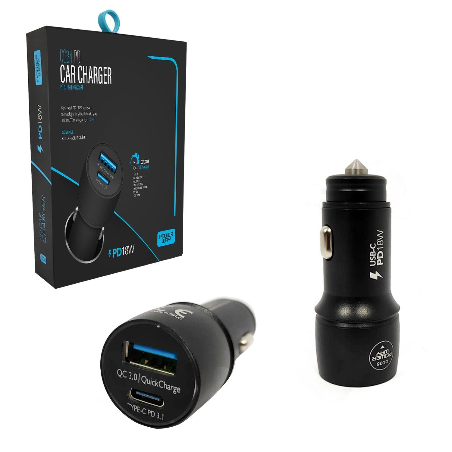 ARAÇ ŞARJ ADAPTÖR BAŞLIK USB QC3.0 TYPE-C PD18W POWERWAY CC-34