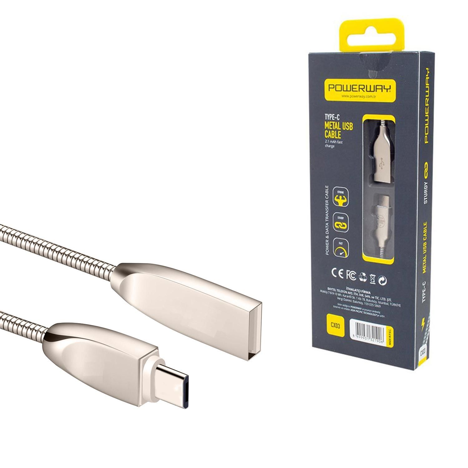 ŞARJ KABLO TYPE-C 2.1A METAL 1MT POWERWAY CX-03