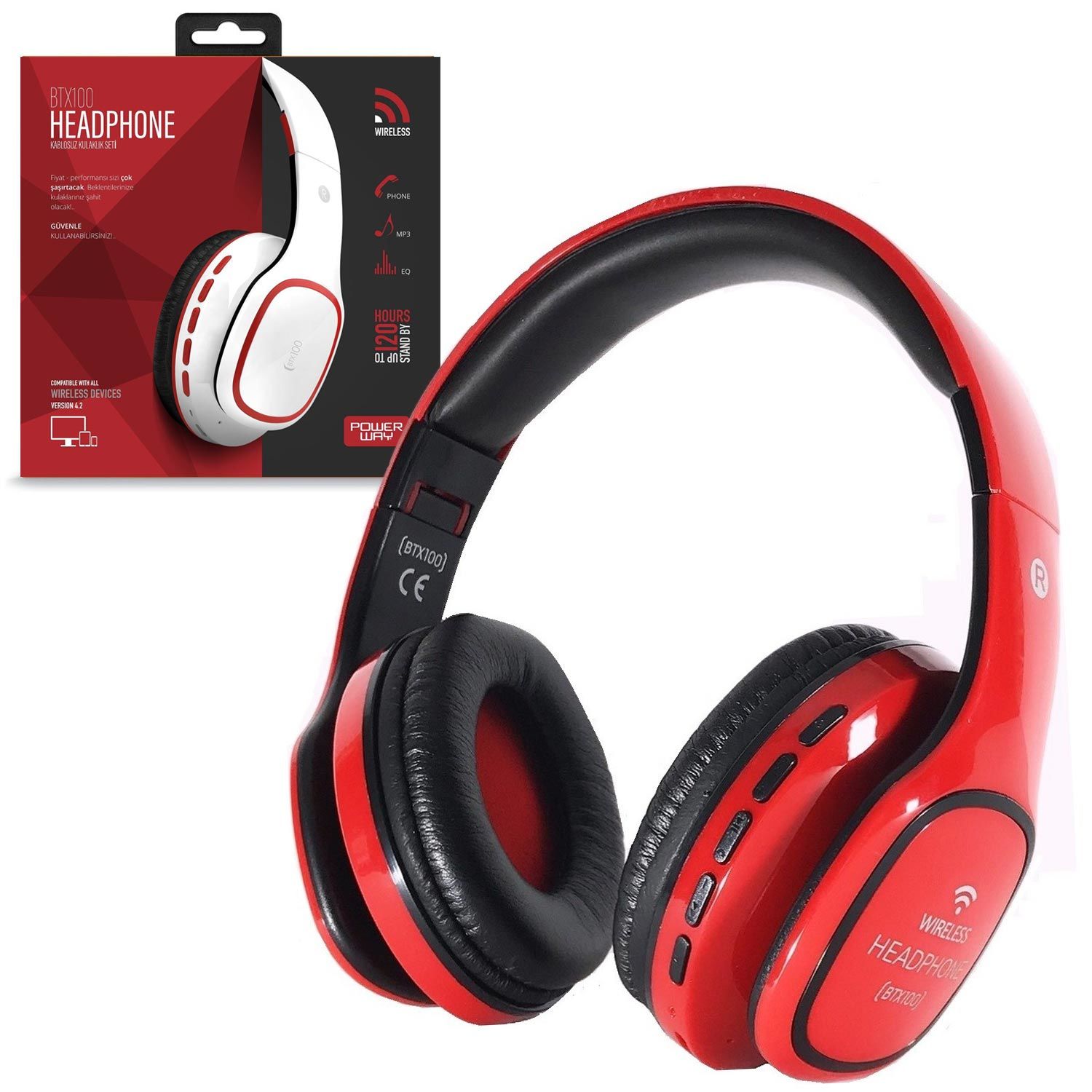 KABLOSUZ KULAK ÜSTÜ KULAKLIK MİKROFONLU BLUETOOTH AUX/SD/FM KIRMIZI POWERWAY BTX-100