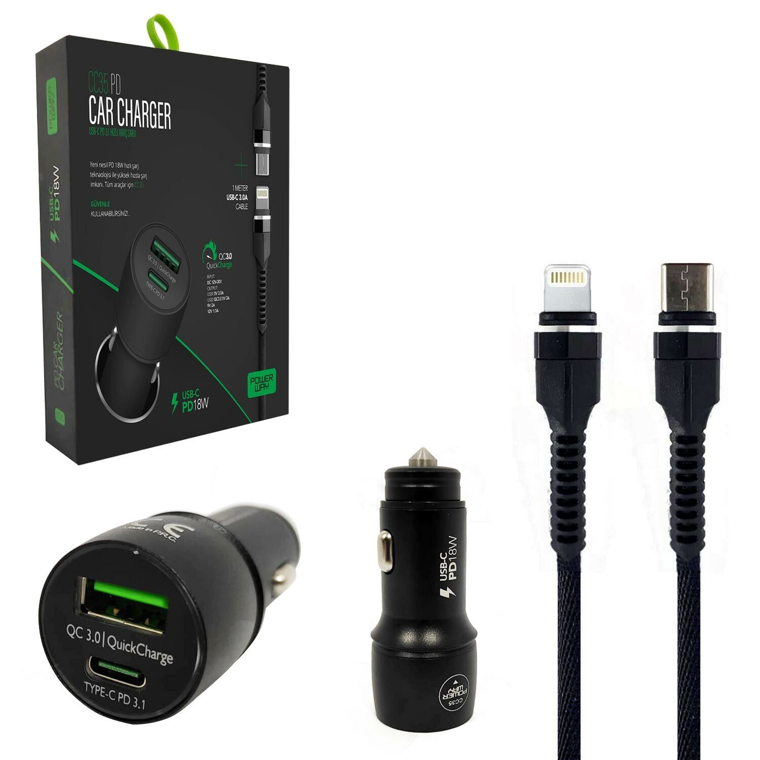 ARAÇ ŞARJ ADAPTÖR TYPE-C TO IPHONE APPLE PD18W POWERWAY CC-35