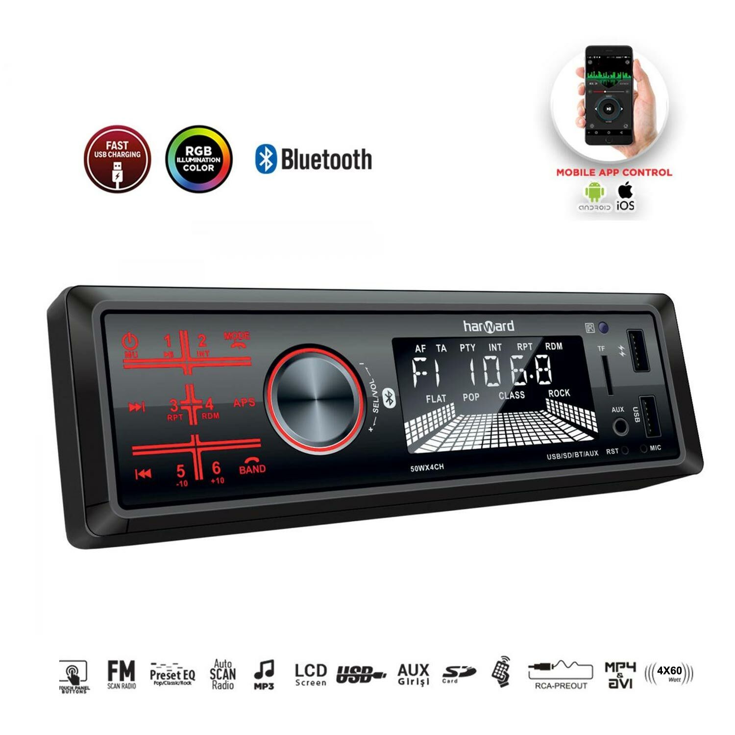 OTO TEYP 4X60W BT/2XUSB/SD/FM/AUX MOBİL APLİKASYON HARWARD HR-MX602