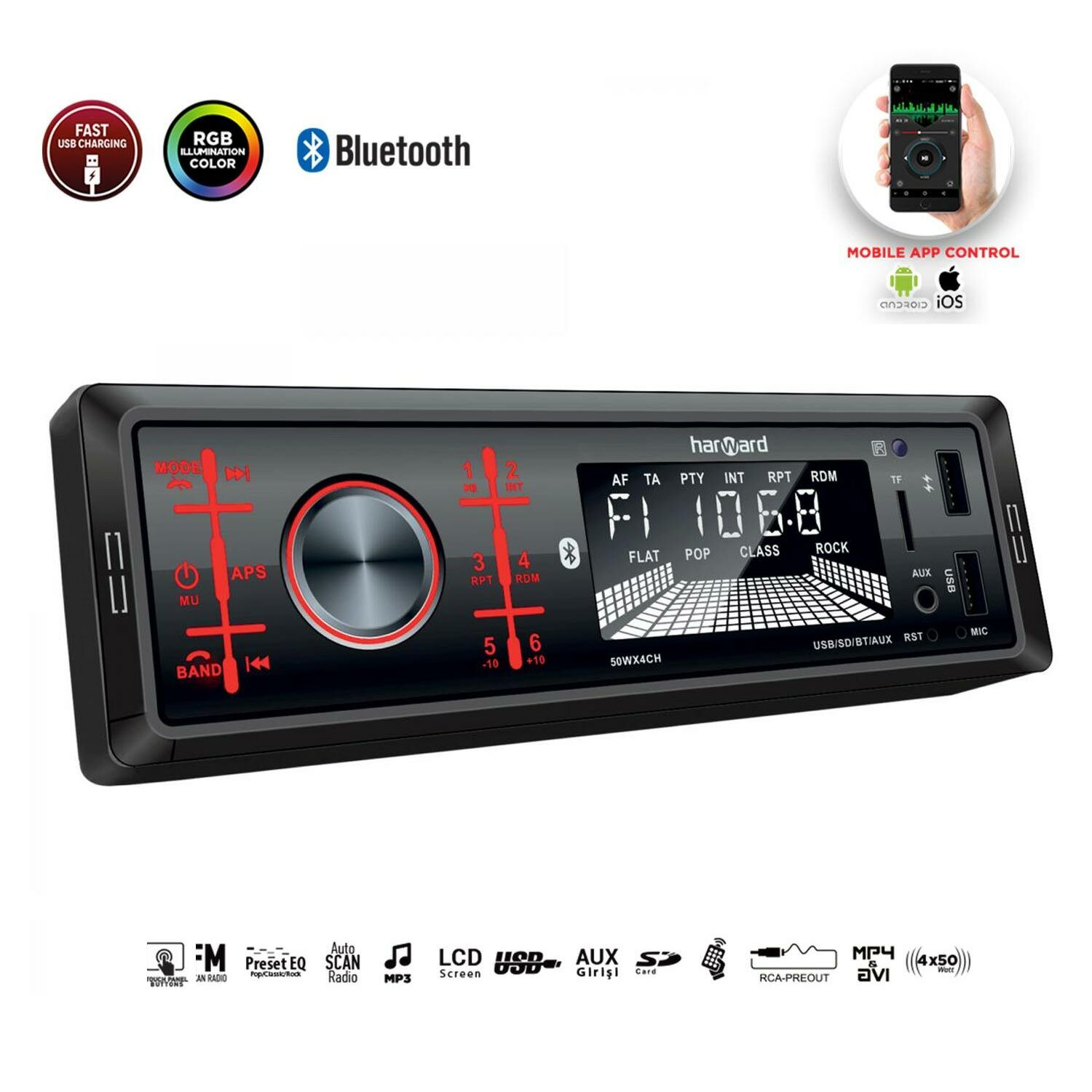 OTO TEYP 4X60W BT/2XUSB/SD/FM/AUX MOBİL APLİKASYON HARWARD HR-MX601