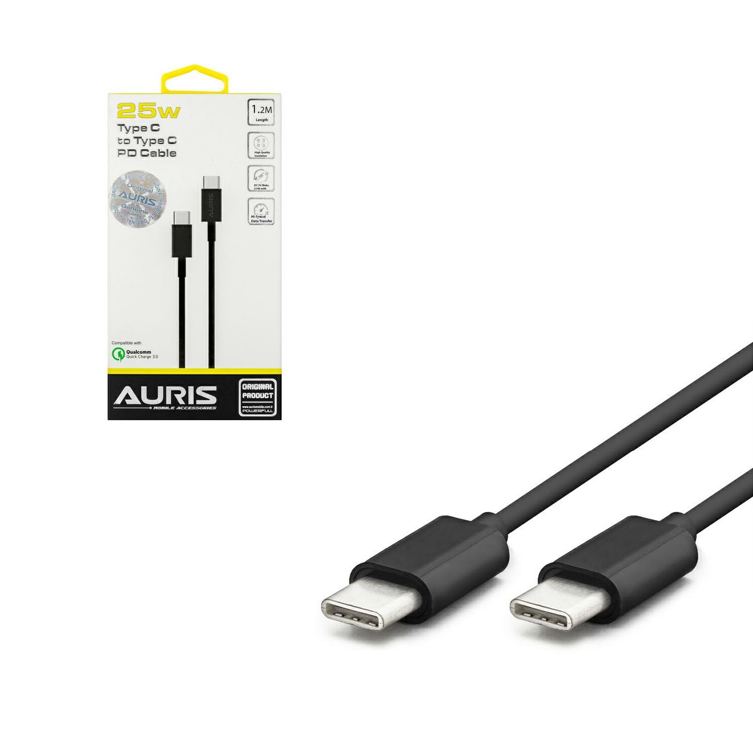 KABLO PD USB TYPE-C TO TYPE-C 3.0 25W 1.2MT AURIS ARS-CB18