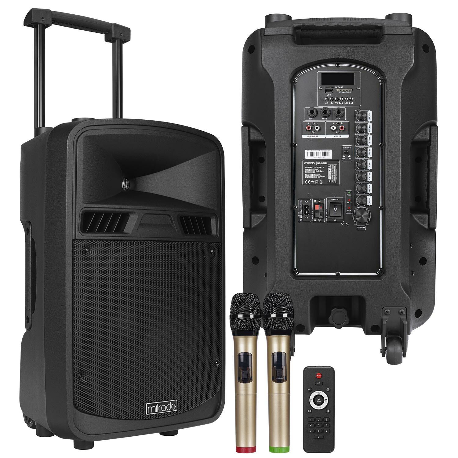 AKTİF SEYYAR ANFİ UHF 2 EL 100W BT/USB/SD/FM/MIC MİKADO MD-BT122