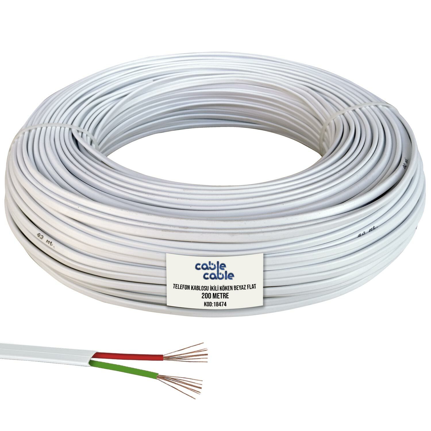 TELEFON KABLOSU İKİLİ KÖKEN BEYAZ FLAT 200MT CABLECABLE