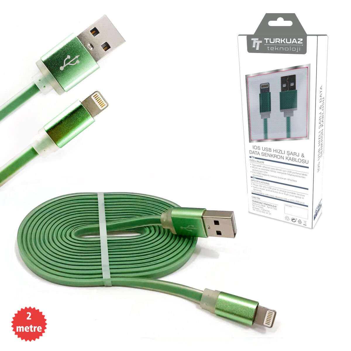 ŞARJ KABLO IPHONE APPLE 2.4A FLAT YEŞİL 2MT