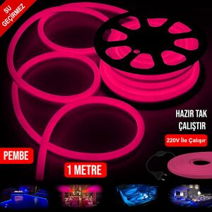 NEON HORTUM LED PEMBE SU GEÇİRMEZ 220V 1MT TAK KULLAN