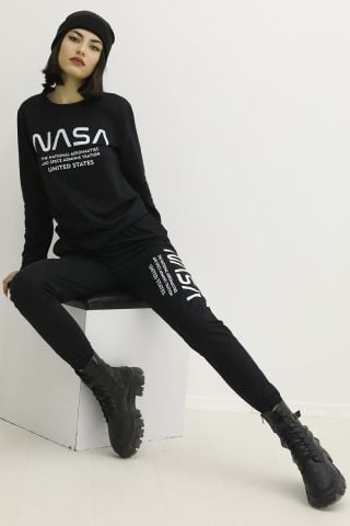 Nasa Baskılı Bisiklet Yaka Eşofman Takımı Siyah - P-019615