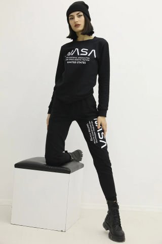 Nasa Baskılı Bisiklet Yaka Eşofman Takımı Siyah - P-019615