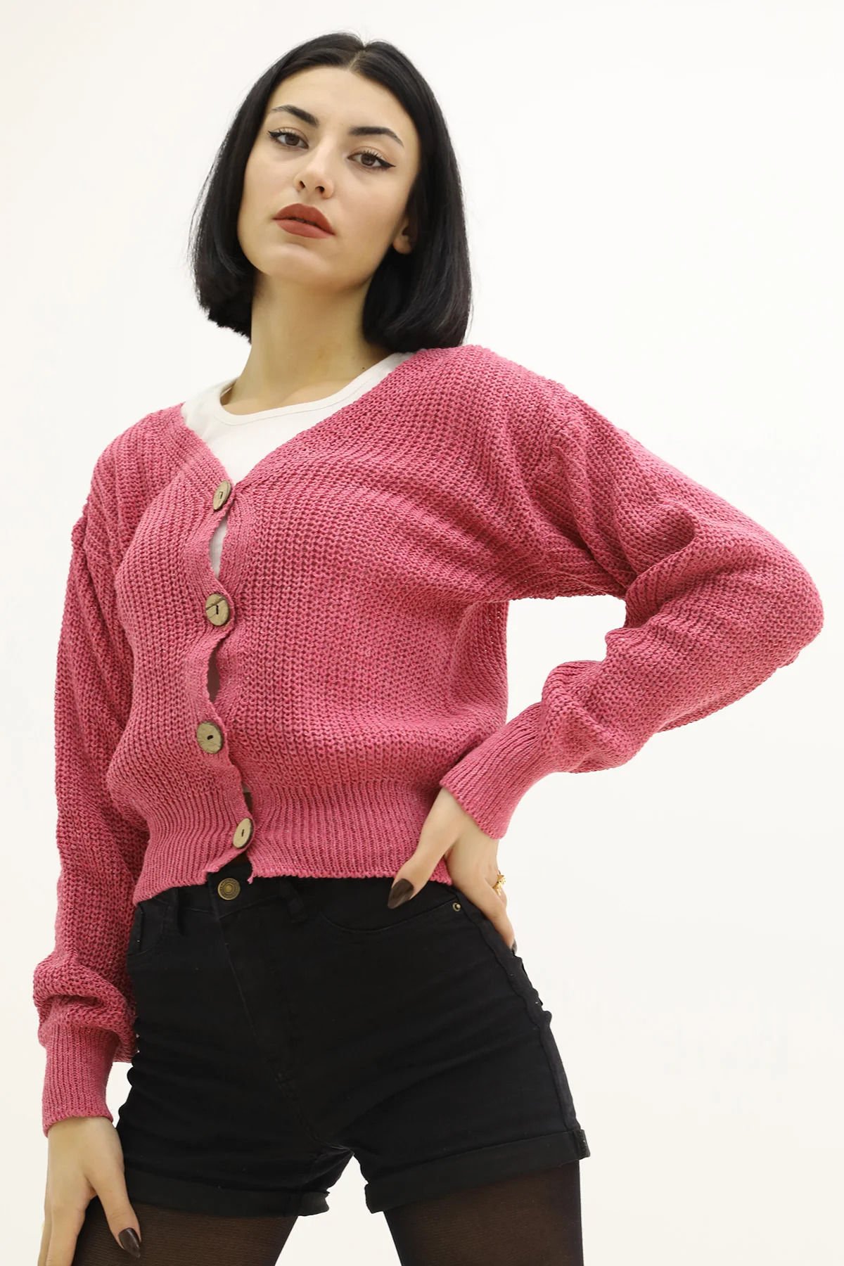 Selanik Düğmeli Triko Hırka Fuşya - P-019467