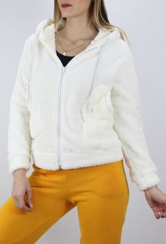 Cepli Fermuarlı Peluş Ceket Beyaz - 1200.0120