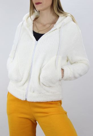 Cepli Fermuarlı Peluş Ceket Beyaz - 1200.0120
