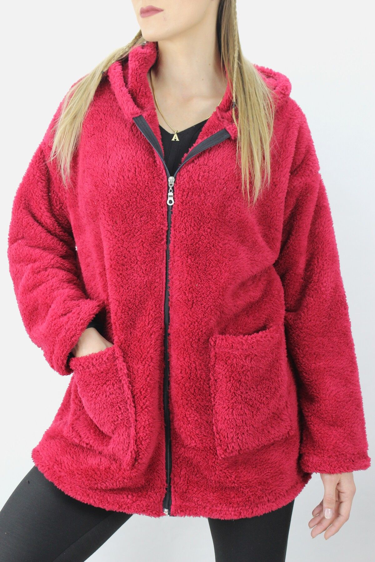 Cepli Fermuarlı Uzun Peluş Ceket Bordo - 1200.0130