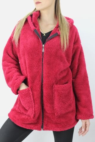 Cepli Fermuarlı Uzun Peluş Ceket Bordo - 1200.0130