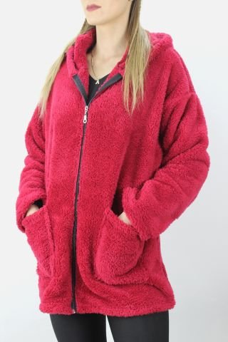 Cepli Fermuarlı Uzun Peluş Ceket Bordo - 1200.0130