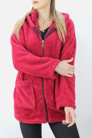 Cepli Fermuarlı Uzun Peluş Ceket Bordo - 1200.0130