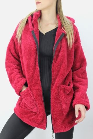Cepli Fermuarlı Uzun Peluş Ceket Bordo - 1200.0130