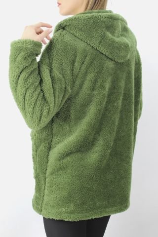 Cepli Fermuarlı Uzun Peluş Ceket Haki - 1200.0130