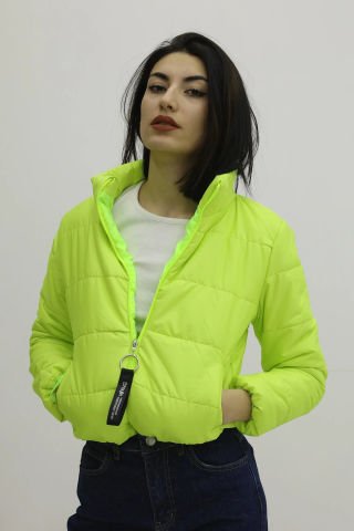 Fermuarlı Çift Cepli Şişme Mont NeonYeşil - Lks9294