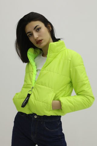 Fermuarlı Çift Cepli Şişme Mont NeonYeşil - Lks9294