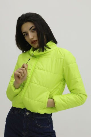 Fermuarlı Çift Cepli Şişme Mont NeonYeşil - Lks9294