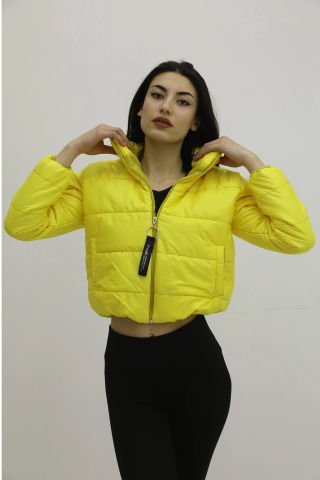 Fermuarlı Çift Cepli Şişme Mont Sarı - Lks9294