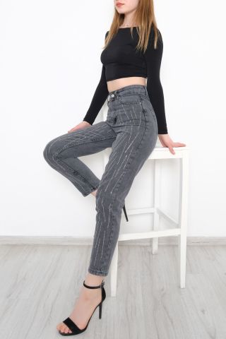 Taşlı Mom Kot Pantolon Füme - 1084.392.
