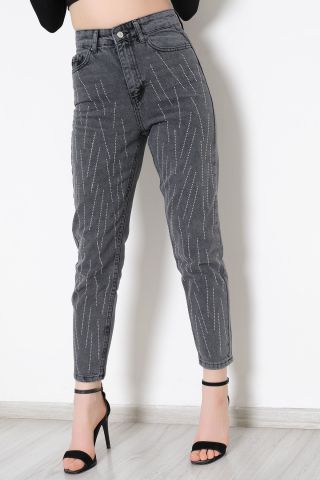 Taşlı Mom Kot Pantolon Füme - 1084.392.