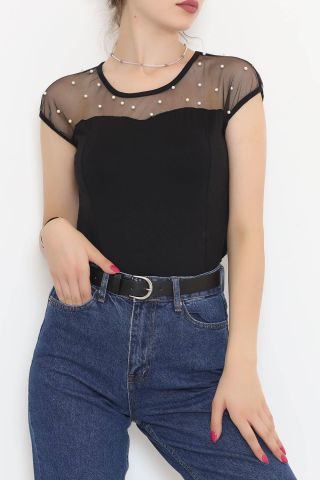 Önü Tüllü İncili Bluz Siyah - 11544.599.