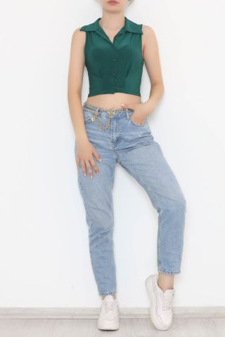 Polo Yaka Düğmeli Bluz Zümrüt - 3268.1595.