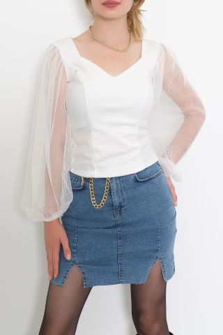 Kolları Tül Detaylı Bluz Beyaz - 3646.631.
