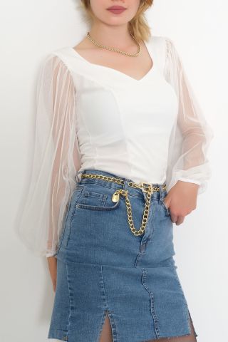 Kolları Tül Detaylı Bluz Beyaz - 3646.631.