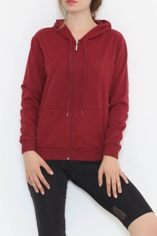Kapşonlu Fermuarlı Sweat Bordo - 3001.275.