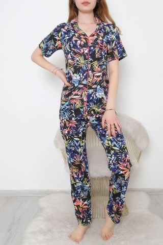 Düğmeli Pijama Takımı Saksçiçekli - 10873.1048.