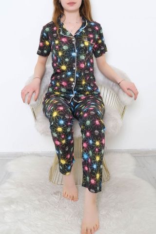 Düğmeli Pijama Takımı Siyahsarı - 10873.1048.