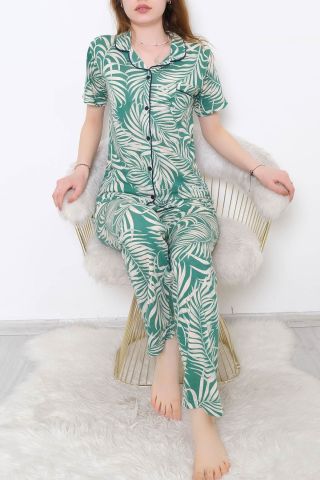 Düğmeli Pijama Takımı Yeşilbej - 10873.1048.