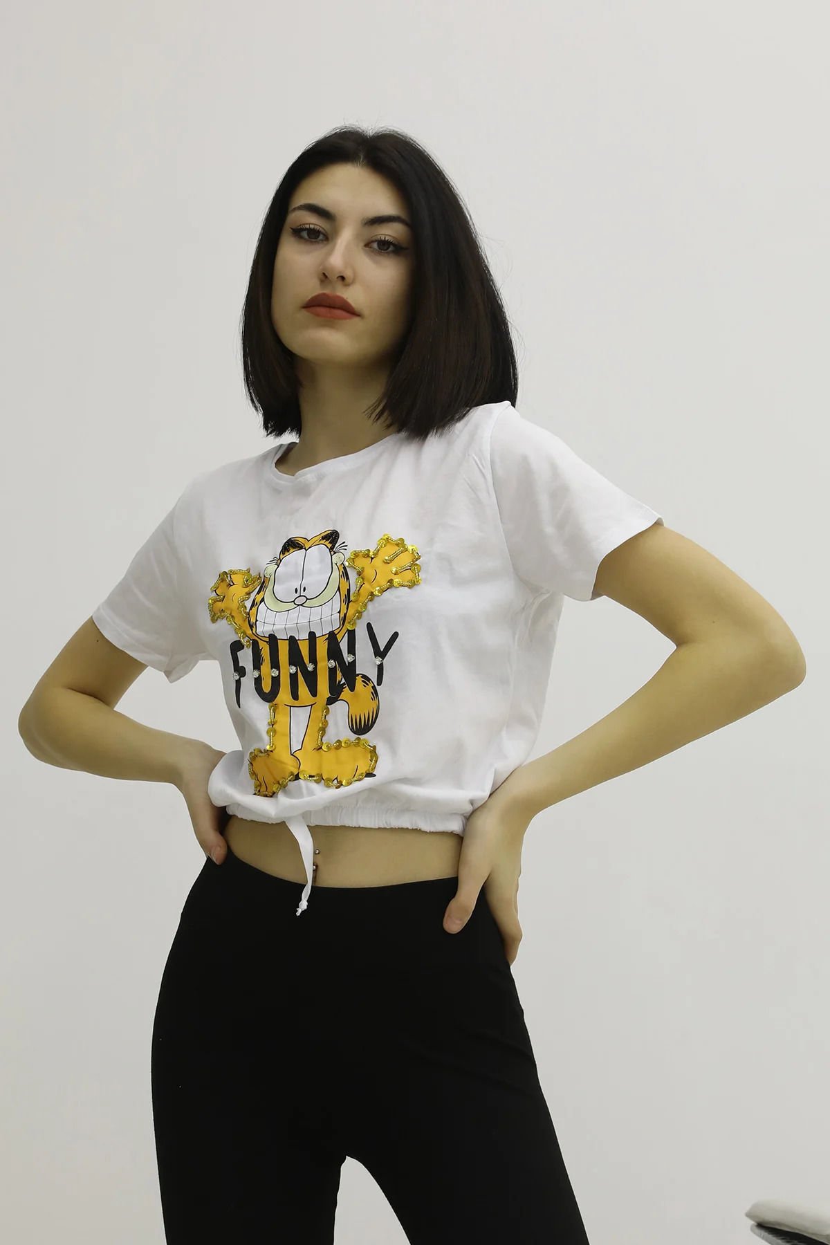 Baskılı Taşlı Tshirt - P-018426BEYAZ