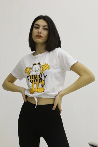 Baskılı Taşlı Tshirt - P-018426BEYAZ
